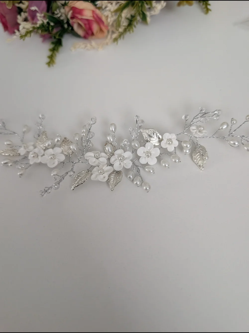 Delicate Floral Pearl Hair Vine - White & Silver